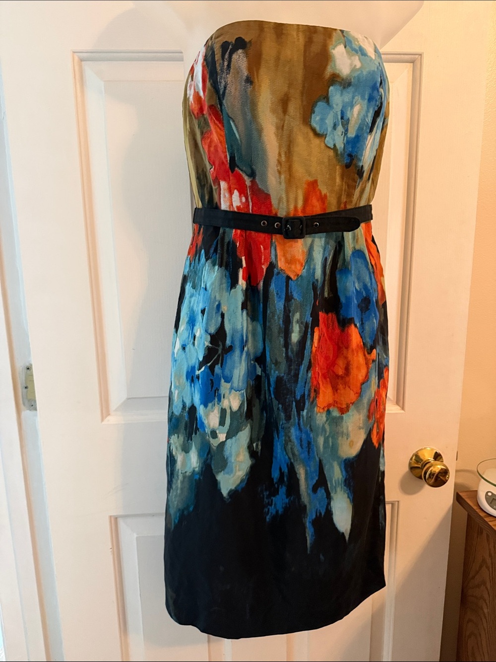 Moulinette Soeurs Anthropologie Strapless Watercolor Floral Silk Dress, Blue, 6